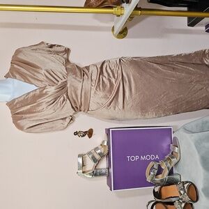 Gold Ruched Wrap Midi Dress with Plunge Neckline